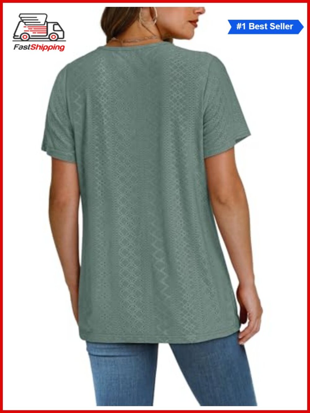 β¨Women's Eyelet Crossed V Neck Short Sleeve T-Shirt - Picture 5 of 6